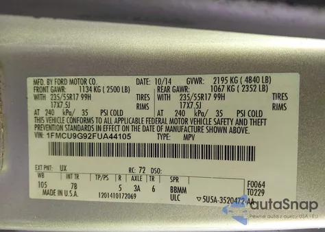 2015 Ford Escape Se z USA, uszkodzony, nr VIN 1FMCU9G92FUA44105